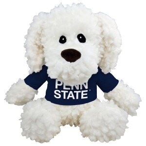 plush Mopsy white curly fur dog with Penn State t-shirt